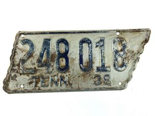 Tennessee 1938 License Plate Rare Tn Vintage Tag State Shaped Man Cave