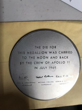 Rare Apollo 11 Medal With Die Flown To The Moon And Back.  With Paperwork 3