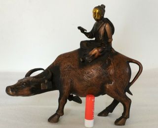A Rare Large Heavy Chinese Hand Carved Gilt Bronze Boy Reading On Ox Gilt Statue