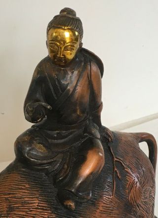 A RARE Large Heavy CHINESE Hand Carved Gilt Bronze Boy Reading on Ox Gilt Statue 2