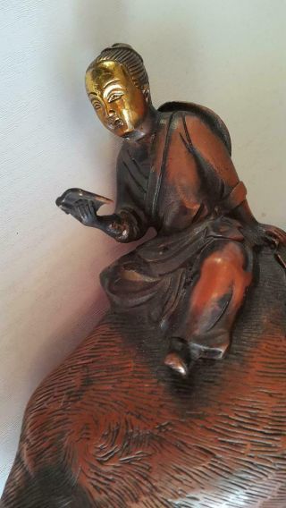 A RARE Large Heavy CHINESE Hand Carved Gilt Bronze Boy Reading on Ox Gilt Statue 5