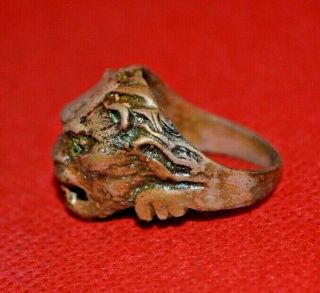Extremely Ancient Rare Bronze Ring Lion Head Roman Legionary Artifact Authentic