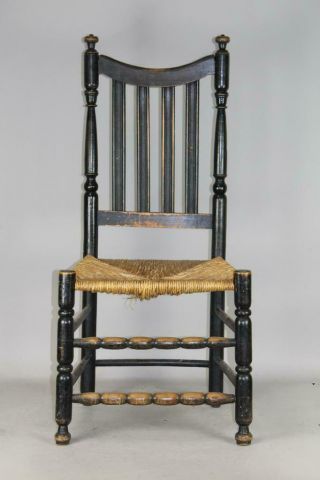 A Rare 18th C Long Island Ny Bannister Back Sidechair In Black Paint