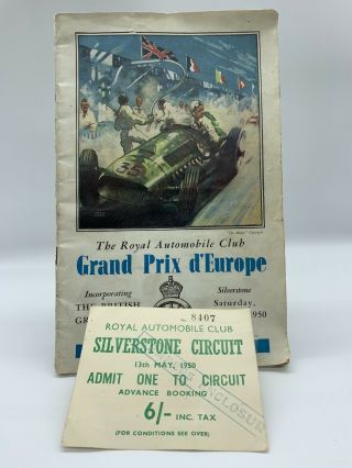 Rare Grand Prix D’europe Silverstone 1950 F1 Programme,  Ticket First F1 Race
