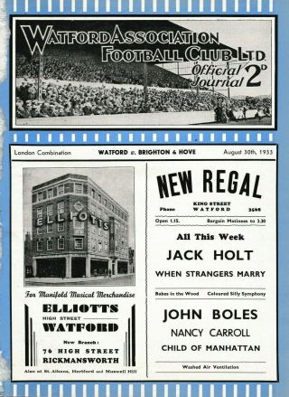 Rare Pre - Ww2 Reserves Football Programme Watford V Brighton & Hove Albion 1933