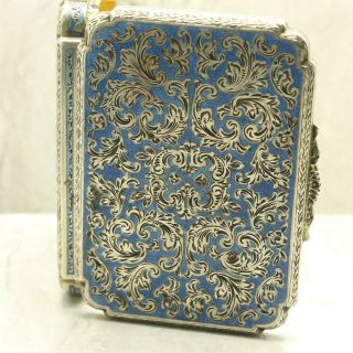 Rare Antique Austrian Blue Enamel Hand Engraved Sterling Silver Snuff Box Case