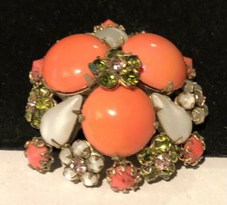 Rare Vintage 2 " Signed Schreiner Ny Gilt Coral Glass Rhinestone Brooch Pin A25
