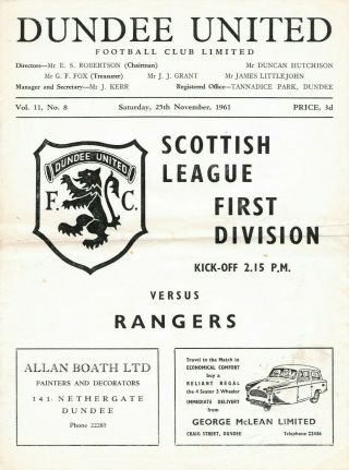 Rare Scottish Football Programme Dundee United V Glasgow Rangers 1961
