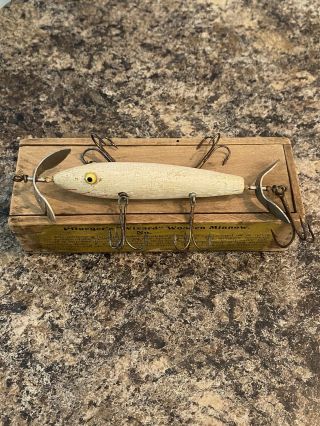 Vintage Antique Rare 5 Hook Pflueger Wizard Wooden Minnow In Wood Box