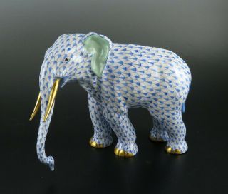 Rare Herend Handpainted Fishnet Blue Gold Large Elephant Colonel Hathi