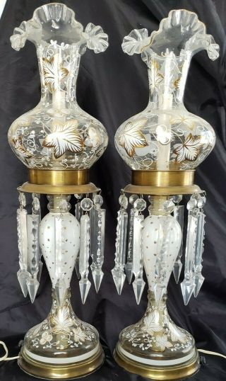 Rare Vintage Hand Painted Hurricane Parlor Mantle Lamps W/prisms Gorgeous 23,  5