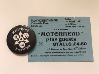 Motorhead Iron Fist 1982 Rare Vintage Tin Pin Tour Badge,  Ticket