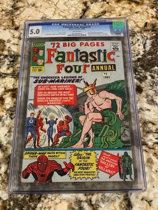 Fantastic Four Annual 1 Cgc 5.  0 Rare White Pages Origin Sub - Mariner Huge Sa Key
