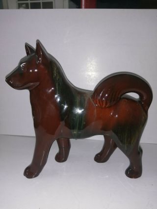Blue Mountain Pottery Large Dog Husky Rare Brown Blue Gold Colourway Midcentury