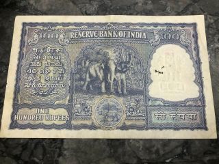 INDIA 100 RUPEES P43C 1957 TIGER ELEPHANT DAM XF MONEY BILL RARE BANK NOTE - NUMB 2
