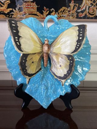 Rare Majolica Trompe L’oeil Butterfly,  Leaf Plaque,  Plate