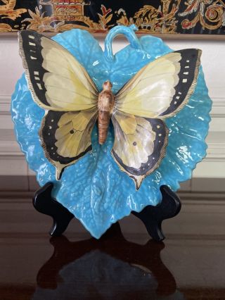 Rare Majolica Trompe l’Oeil Butterfly,  Leaf Plaque,  Plate 2