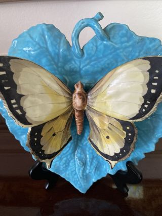 Rare Majolica Trompe l’Oeil Butterfly,  Leaf Plaque,  Plate 3