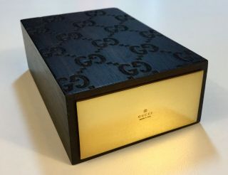 Vintage Gucci Monogramed Wood/gold Tone Metal Trinket/stash Box Rare Find