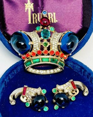Large Trifari Alfred Philippe Sapphire Cabochon Royal Coronation Crown - Rare Set