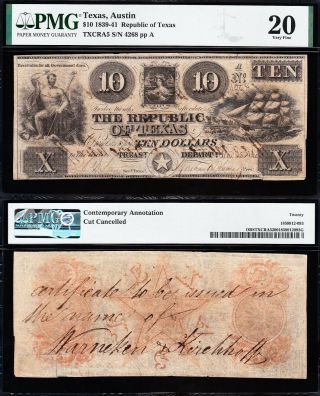 Rare Vf 1840 $10 Republic Of Texas Obsolete Note Pmg 20 4268