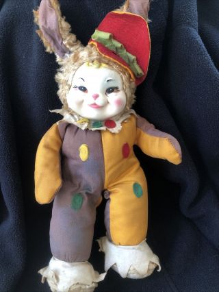 Rare Vtg 1950s Rushton Star Creation Rubber Face Rabbit Harlequin Clown Doll