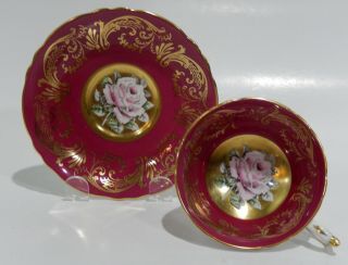 Rare Paragon Floating Pink Rose On Gold Cup & Saucer Hand Painted C1952 - 60