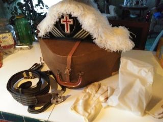 Rare Vintage Masonic Ceremonial Hat,  Belt W/buckle,  Gloves And Hat Box