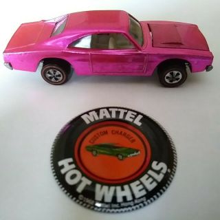 1968 Hotwheels Redline Rare Hot Pink Charger,  White Interior W/ Badge