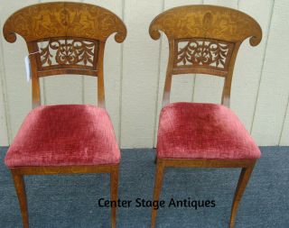 61483 Pair Custom Hand Made Inlaid Side Chairs W/ Cherub Figures Rare Find