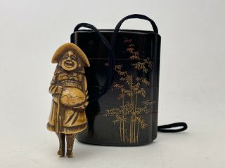 Rare Japanese Antique Wooden Ornamental Box Inro Antler Netsuke (b733) ネ０