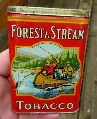 Antique Ca 1915 Very Rare Forest And Stream Men Fishing In Canoe Tobacco Tin