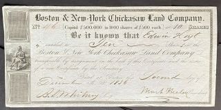 Boston & - York Chickasaw Land Co Stock 1836 Mississippi Indian Land Vf,  Rare