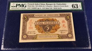 French Indochina 5 Piastres 1942 Pick 62a Unc Very Rare Pmg 63 Epq Block A