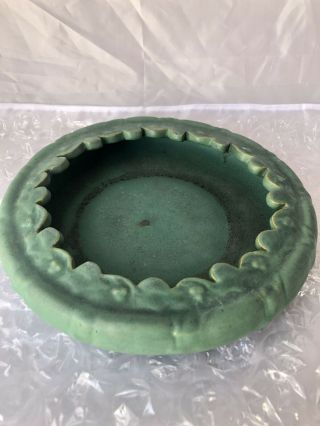 Antique Rare Matte Green Teco Pottery Squatted Scalloped/ Crimped 9 " Low Bowl