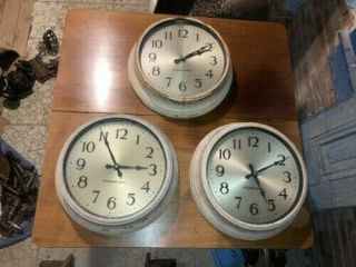 3 Identical Vintage International Mid - Century Industrial Metal Clocks Rare Ibm