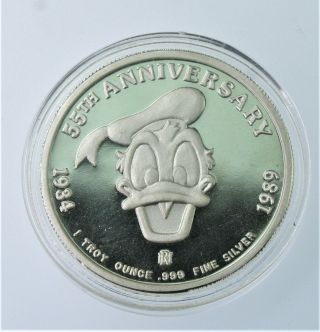 Rare 1989 1 Oz Donald Duck Disney 55th Anniversary.  999 Silver Round In Capsule