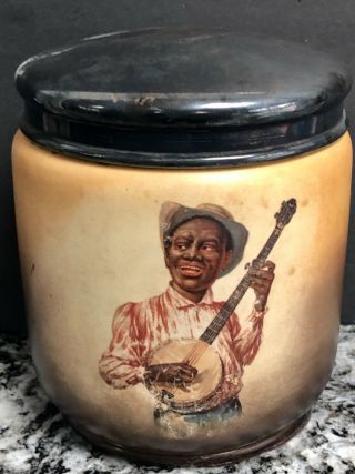 Rare Vintage Black Man Playing A Banjo Tobacco Jar Porcelain Just Fabulous