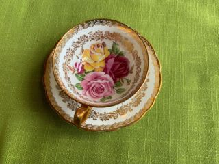 Rare Paragon Teacup And Saucer Three Large Cabbage Roses Red Pink Yellow