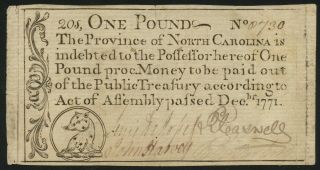 North Carolina Colonial Currency One Pound - - Rare - - Dec 1771 No.  0730 Bt2757