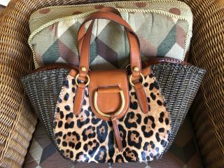 Rare Dolce & Gabbana Leopard Pony Hair Cognac Saddle Leather Wicker Tote Bag