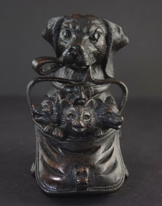 Rare Black Forest Carved Dog Inkwell With Satchel Of Fox Cubs Signed Dated 1887