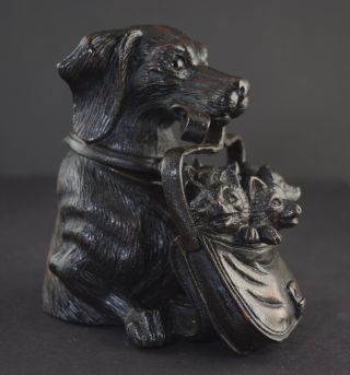 Rare Black Forest Carved Dog Inkwell with Satchel of Fox Cubs Signed Dated 1887 2