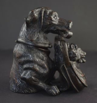 Rare Black Forest Carved Dog Inkwell with Satchel of Fox Cubs Signed Dated 1887 3