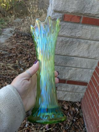 Northwood Carnival Glass Ice Green Tree Trunk Vase Rare
