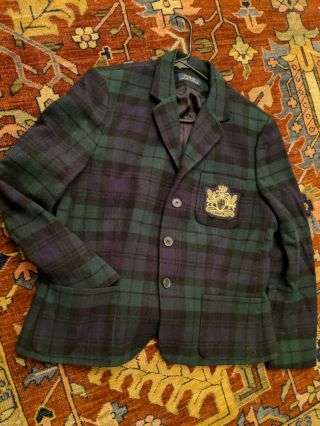 Polo Ralph Lauren Vintage Gold Crested Wool Jacket Cashmere Wool Plaid Rare