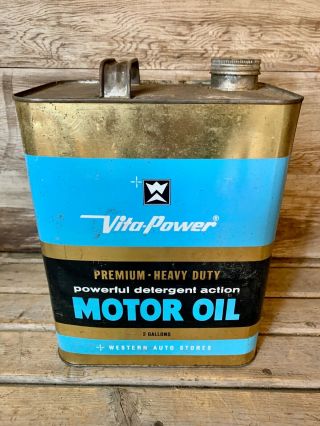 Rare Vintage Vita - Power 2 Gallon Metal Motor Oil Can Western Auto Muscle Car Era