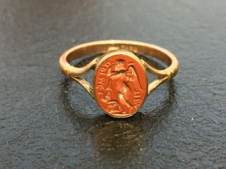 Antique 9ct Gold Carved Coral Intaglio Stamp Seal Ring Size T/u 3.  1g V/rare