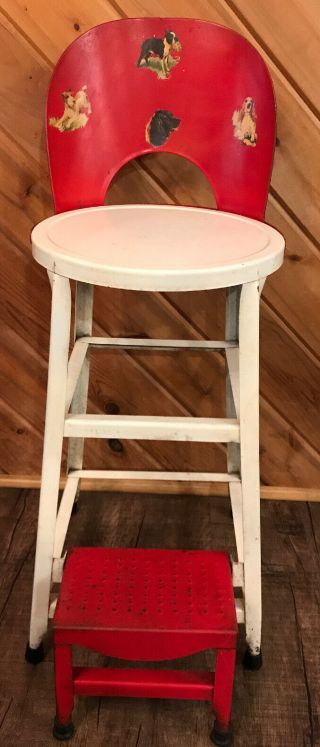 1940s Vintage Metal Folding Chair Stool Dog Decal Red White Rare Flip Top