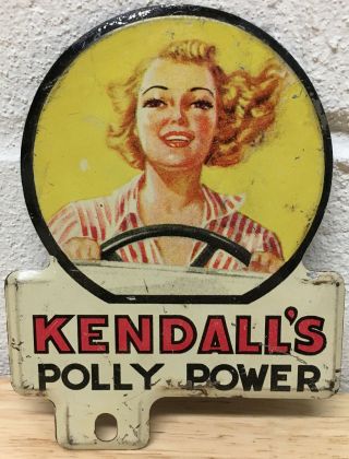 Antique 1940’s Kendall’s Oil Gas Polly Power License Plate Topper Rare Find